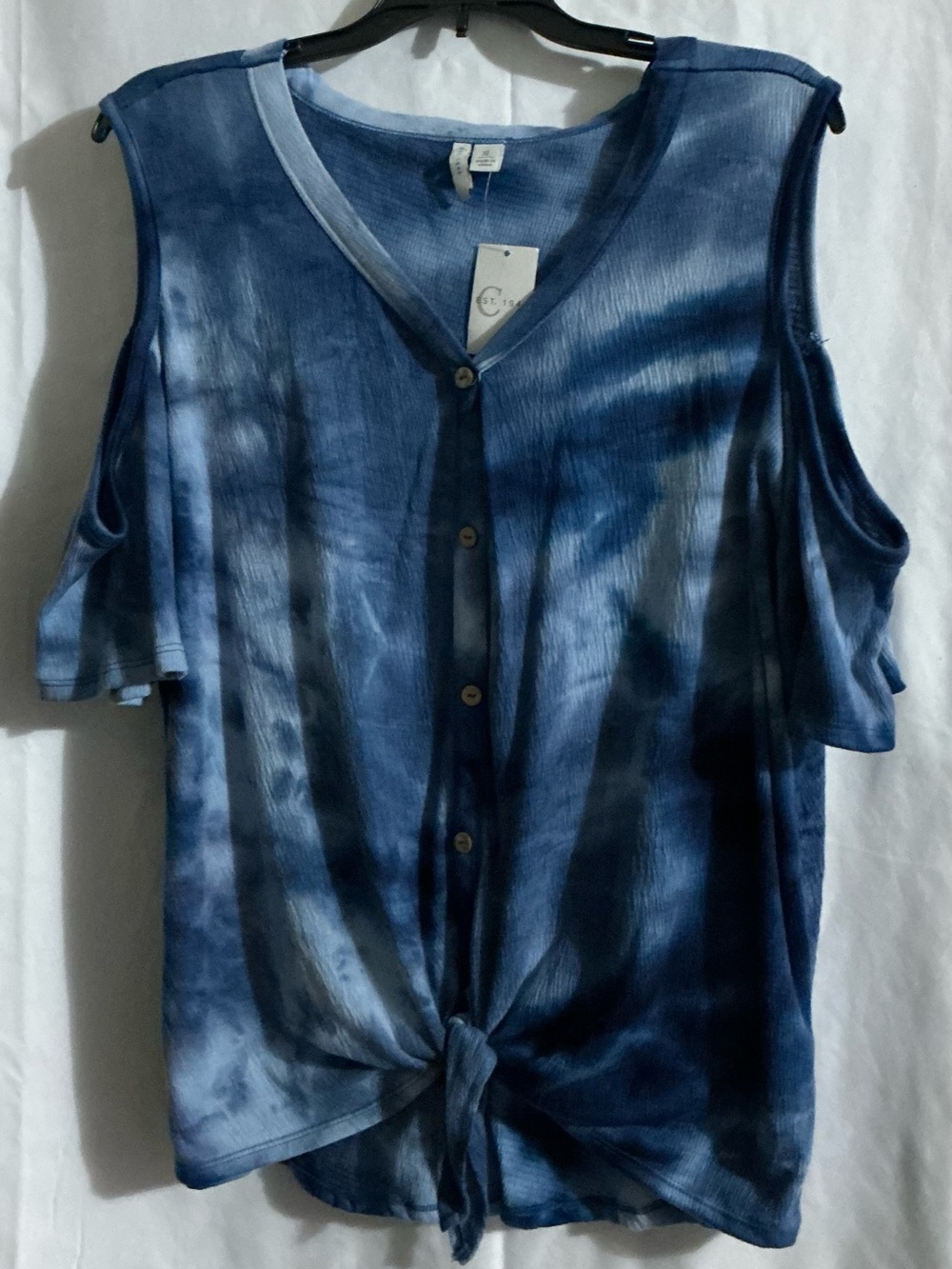Cold-Shoulder Button-Front Tie-Dye Blouse in Blue NWT
